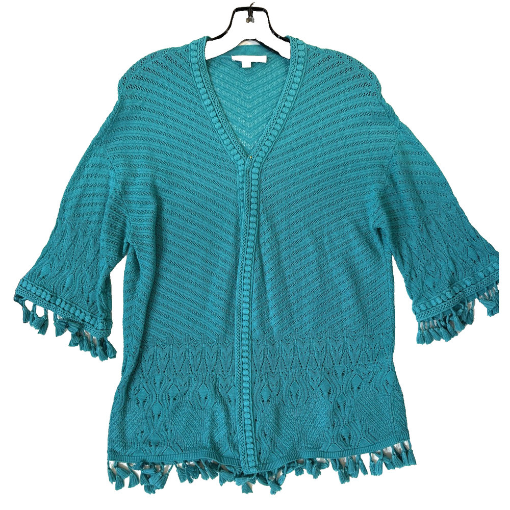 Chico's Cardigan Top Womens Medium‎ Teal Crochet Fringe Tassel Boho Cottagecore